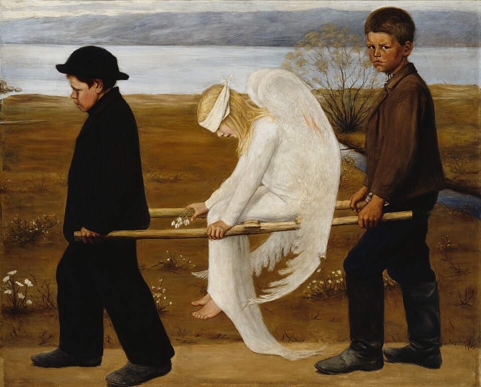 A poignant painting depicting two boys carrying a winged figure resembling an angel, who appears to be resting on a stick. The boys look serious as they walk on a barren landscape with a calm body of water in the background.